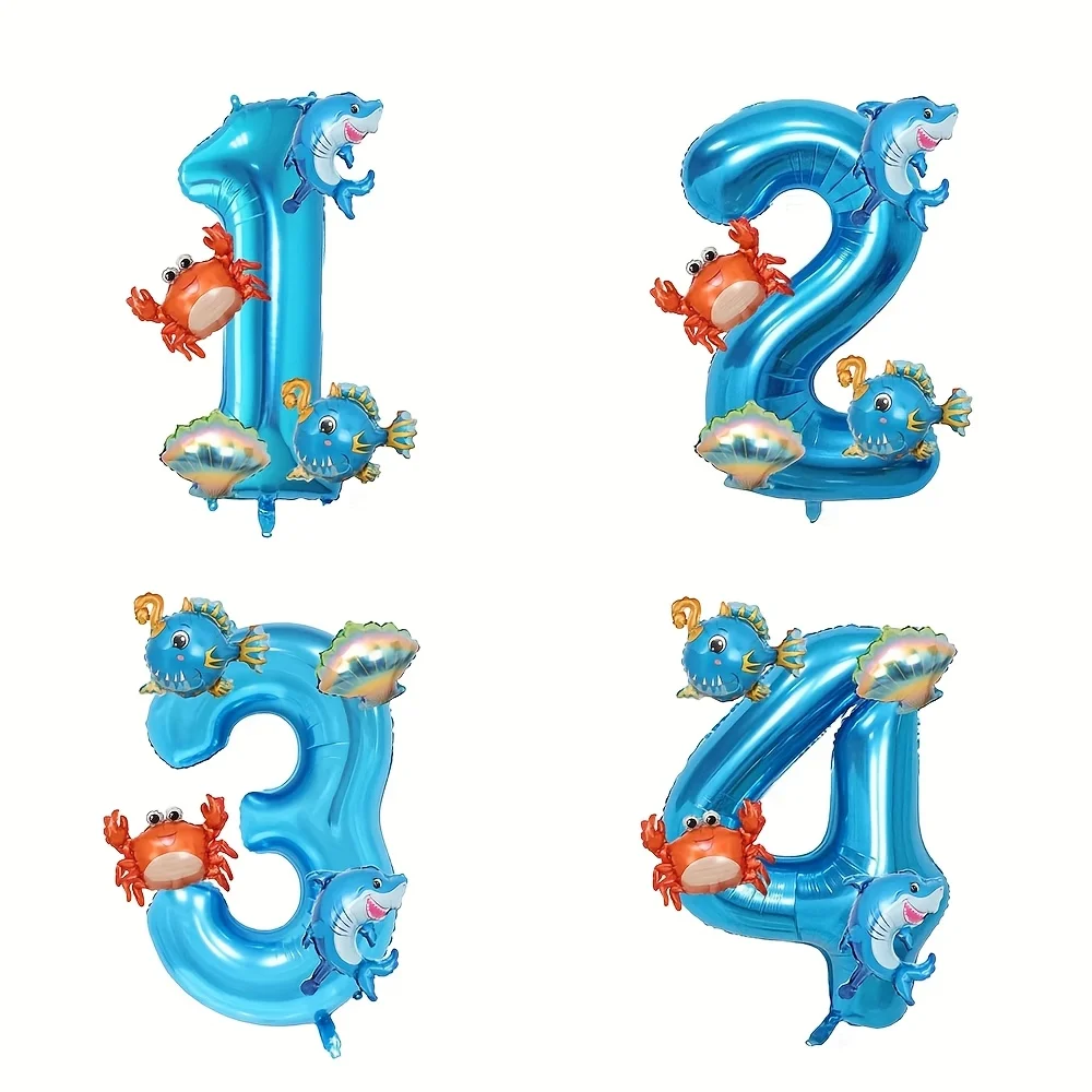 5-teiliges Mini Blaues Ozean-Ballonset Blaues Zahlen-Ballonset Ozean-Tier-Motiv Hai Krabbe Geburtstagsparty Dekorationen Geschenke