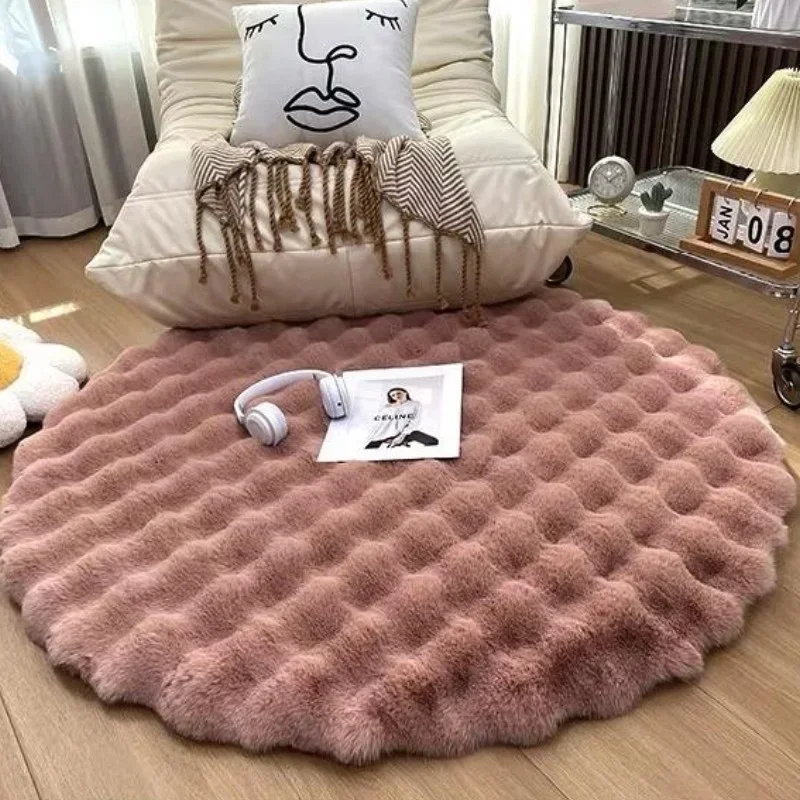거실용 푹신한 봉제 라운드 침대 옆 카펫, 럭셔리 인조 모피 영역 러그, 미끄럼 방지 바닥 매트, 메이크업 스툴 쿠션 장식
