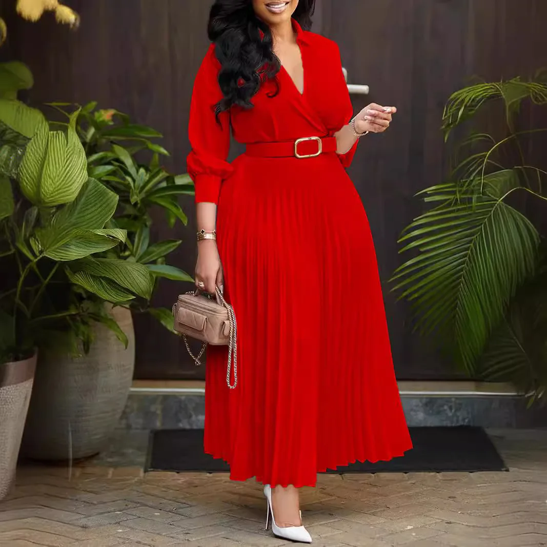 Vestidos de falda plisada completa con lazo de cinturón y escote en V Rojo