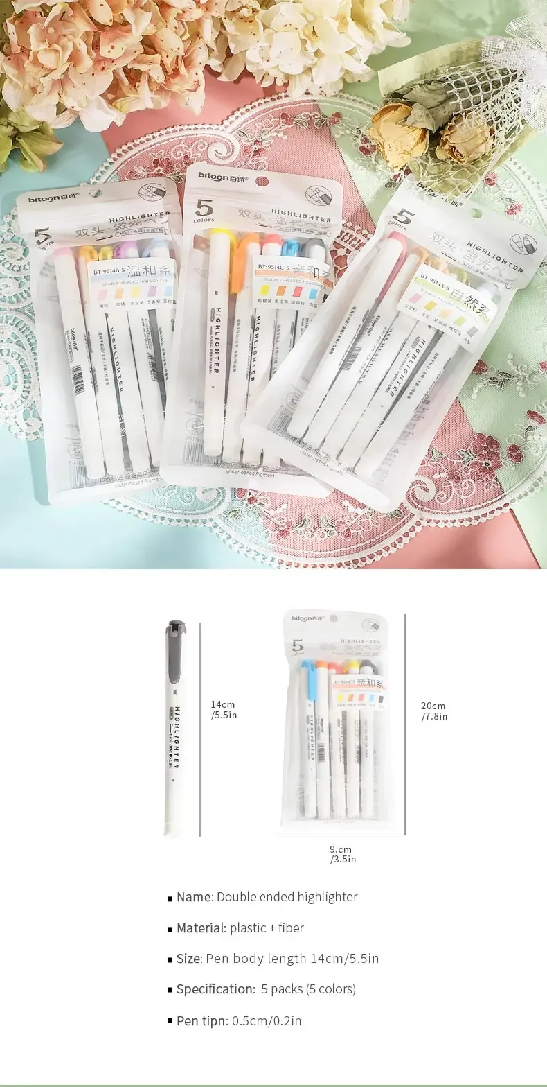 JIANWU 5 Pcs/set Morandi Macaron Color Double-ended Highlighter Set Write Smoothly Creative DIY Student Supplies Stationery