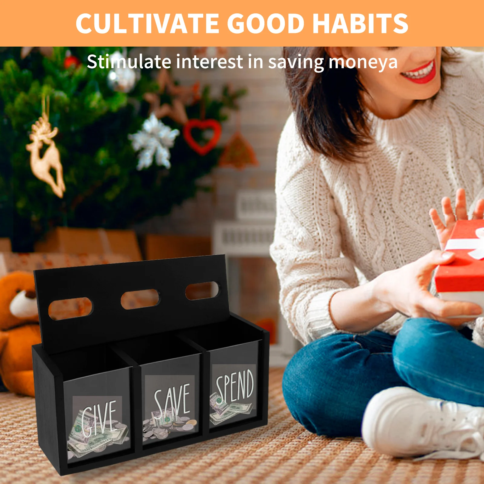 Wall-mounted Piggy Bank Visualized Money Box Wooden Money Saving Box Save Spend Bank 3 Grid Piggy Bank Safe Boxes for Kids Gifts