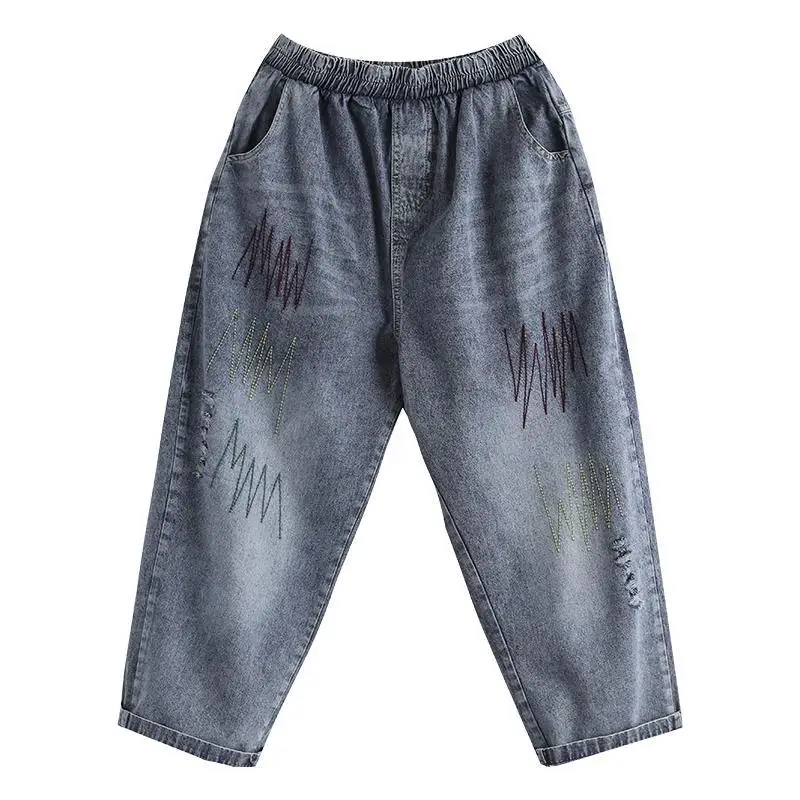 Original Embroidery Distressed Women's Summer New Solid Elastic High Waist Distressed Loose Large Casual Jeans Calf-Length Pants