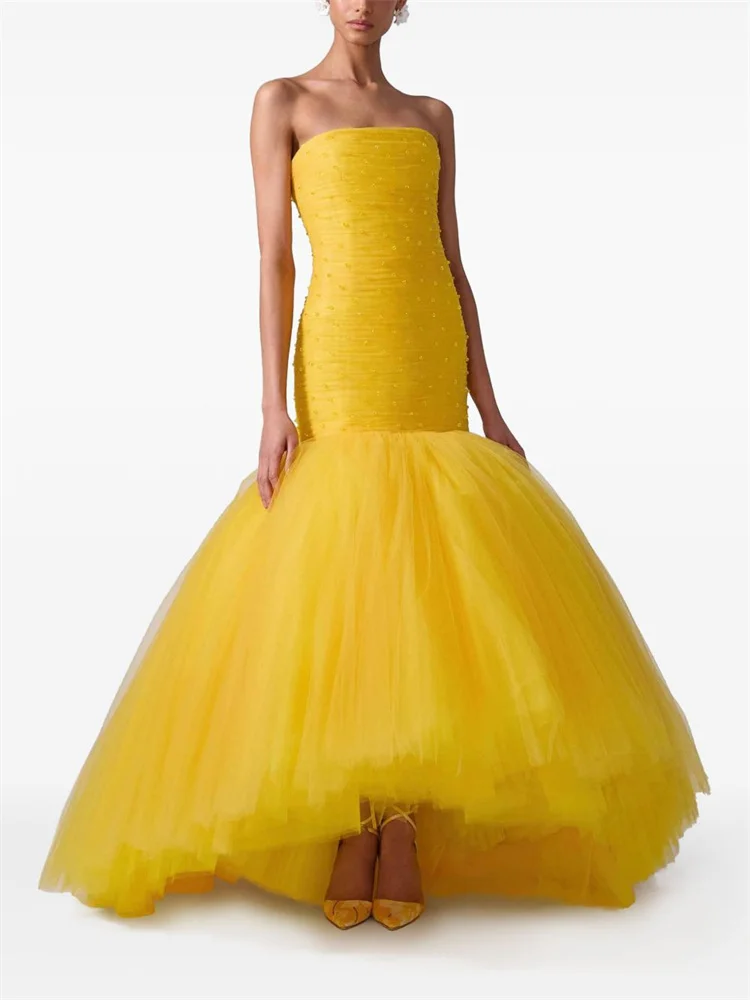Customized Gorgeous Yellow Condensed Tulle Special Occasions Fishtail Dress  Strapple Tight Wrinkled Top Tulle Hem Chic Gown 2025 - AliExpress 320