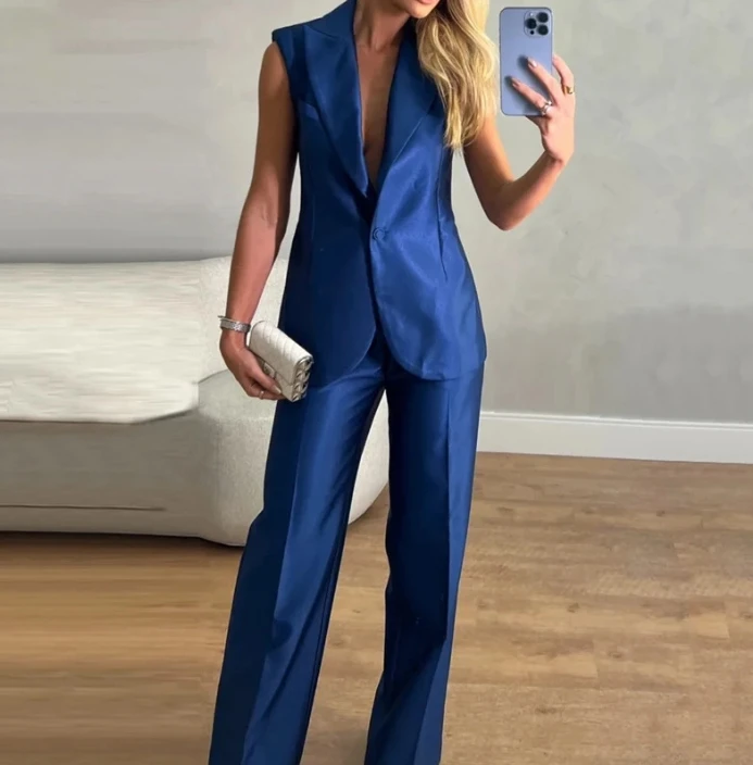 Fashion Women's Pants Sets Summer Office Lapel V Neck Button Deep Blue Backless Silk Vest Casual Wide Leg Trouser Suit Woman