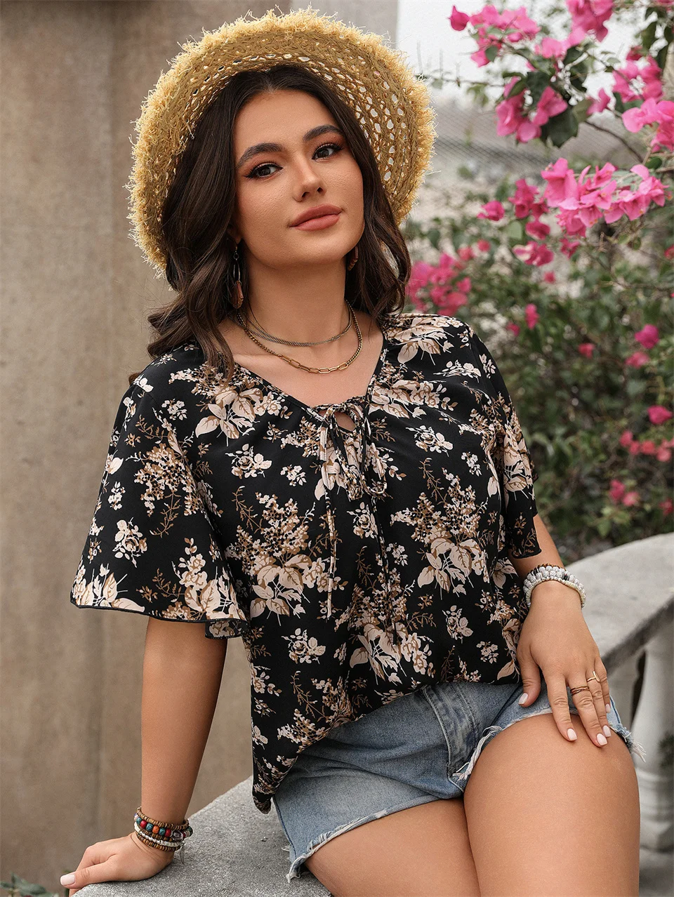 Plus Size 2025 New Boho Floral Tie Neck Blouse Summer Butterfly Sleeve Casual Loose Top JKP7338