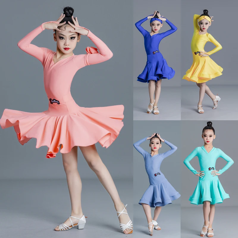 

Long Sleeved Ballroom Dance Competition Dress Girls National Standard Latin Dance Dresses Kids Stage Perforamnce Wear SL8774