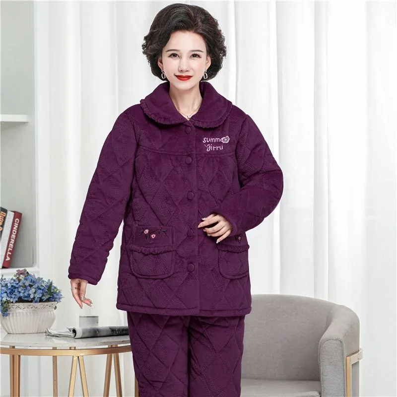 Cotton Pajamas Women's Winter New Three-layer Thickened Loungewear Coral Velvet Home Clothes Elderly Mother Sleepwear Outfit