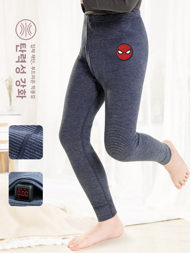 디즈니 어린이용 따뜻한 바지 자체 발열 면 울 혼합 봄 가을 이너웨어 보온 바지 소년용 양털 안감 바지