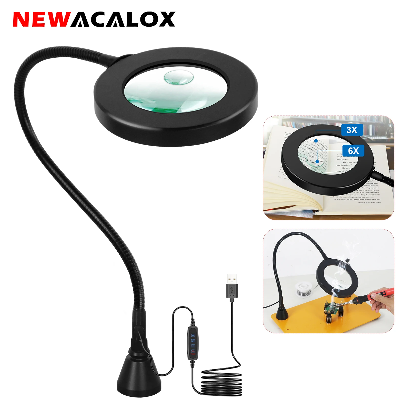 NEWACALOX 3X-6X Solder Magnifier USB LED Magnifying Glass Lamp Strong  Magnetic Base Gooseneck Support Welding Lighting HomeTool