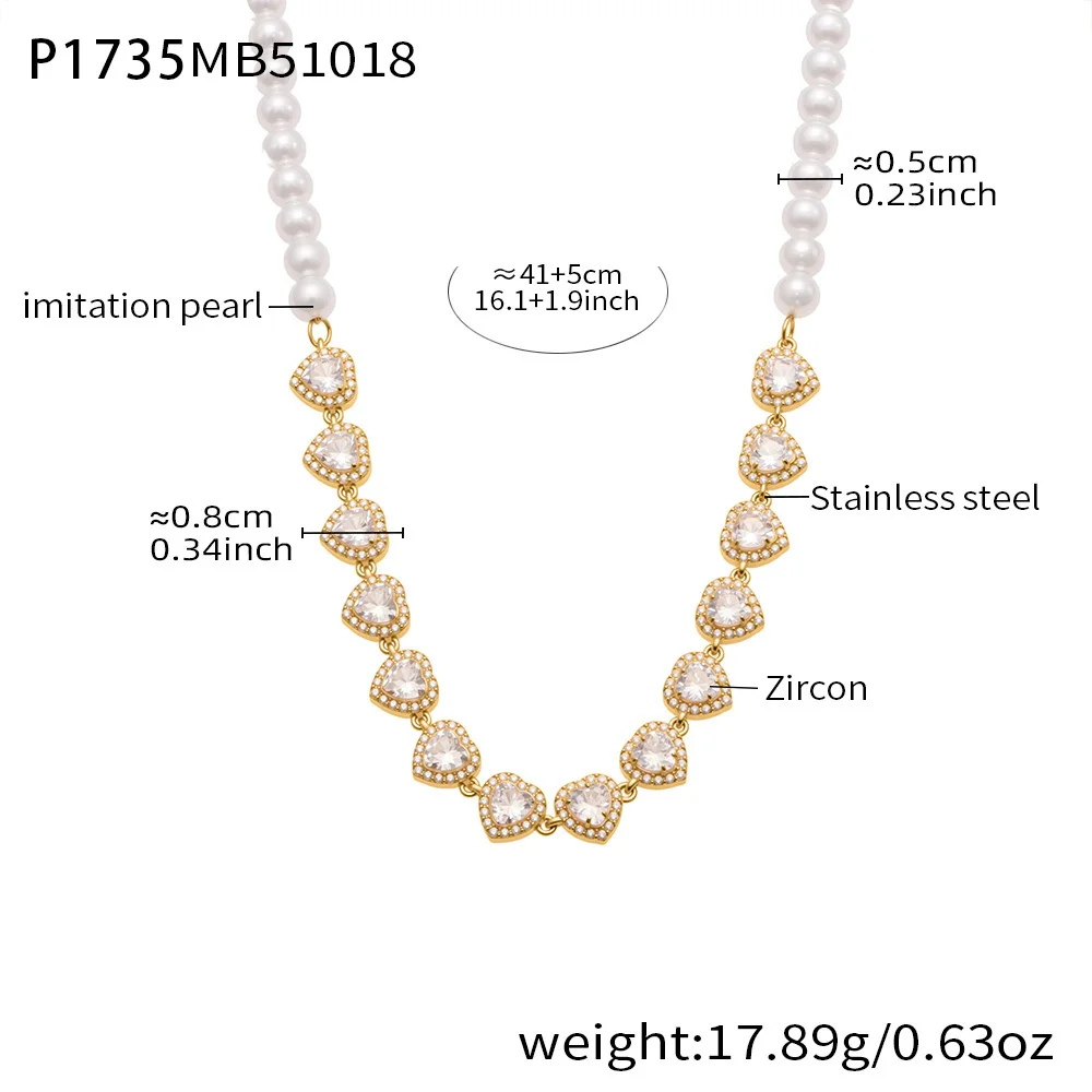 Edelstahl glänzende herzförmige Zirkon Anhänger Halskette Damen weiße Imitation Perle Perlen Kette Halsband Luxus Schmuck – Detail 1