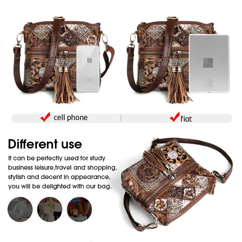 Women Bag Bohemian Genuine Leather Designer Floral Crossbody Luxury Shoulder Lady Tassels Vintage Splice Handbags crossbody bag women handbags leather shoulder bag