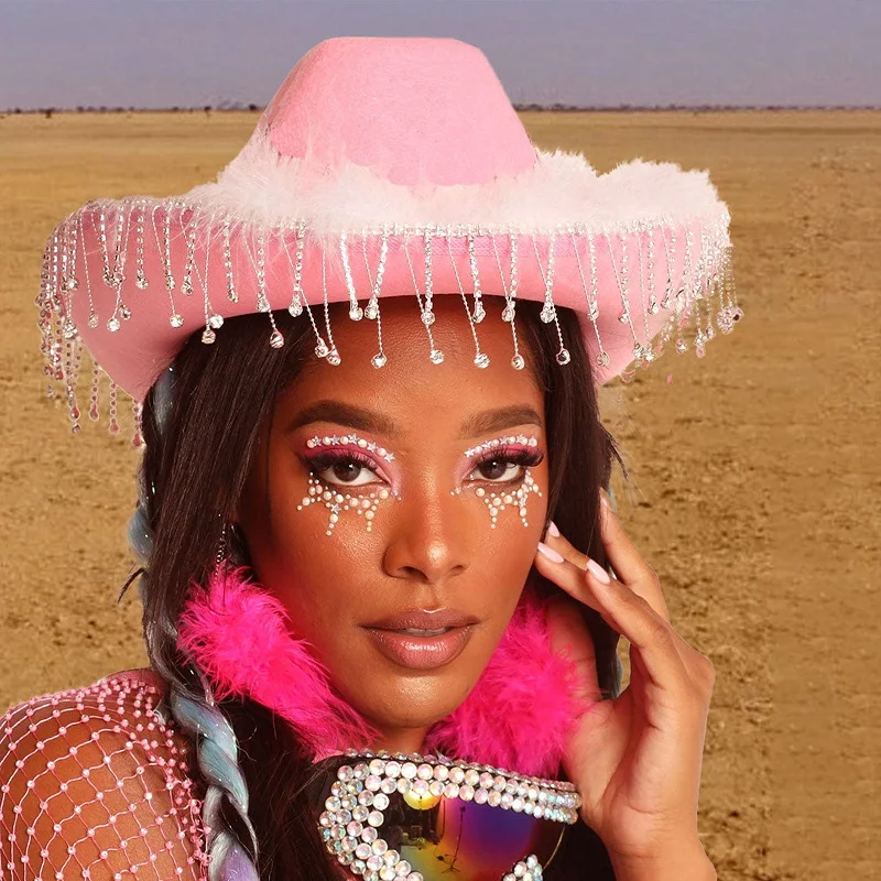 Lamuusaa Cowgirl Hats Women Western Aesthetic Wide Brim Rhinestone Tasseled Large Cap Party Clubwear Cottagecore Accessories