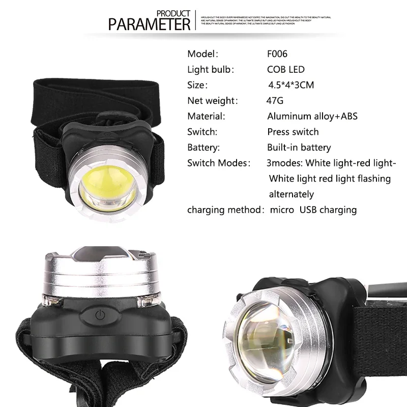 Built-in battery LED headlamp USB Rechargeable COB work light 3 light mode Waterproof headlight for fishing camping head flashlight cob headlamp