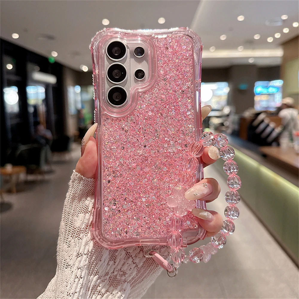 Luxury 3-in-1 Bling Glitter Shockproof Phone Case with Lens Protection and Lanyard
