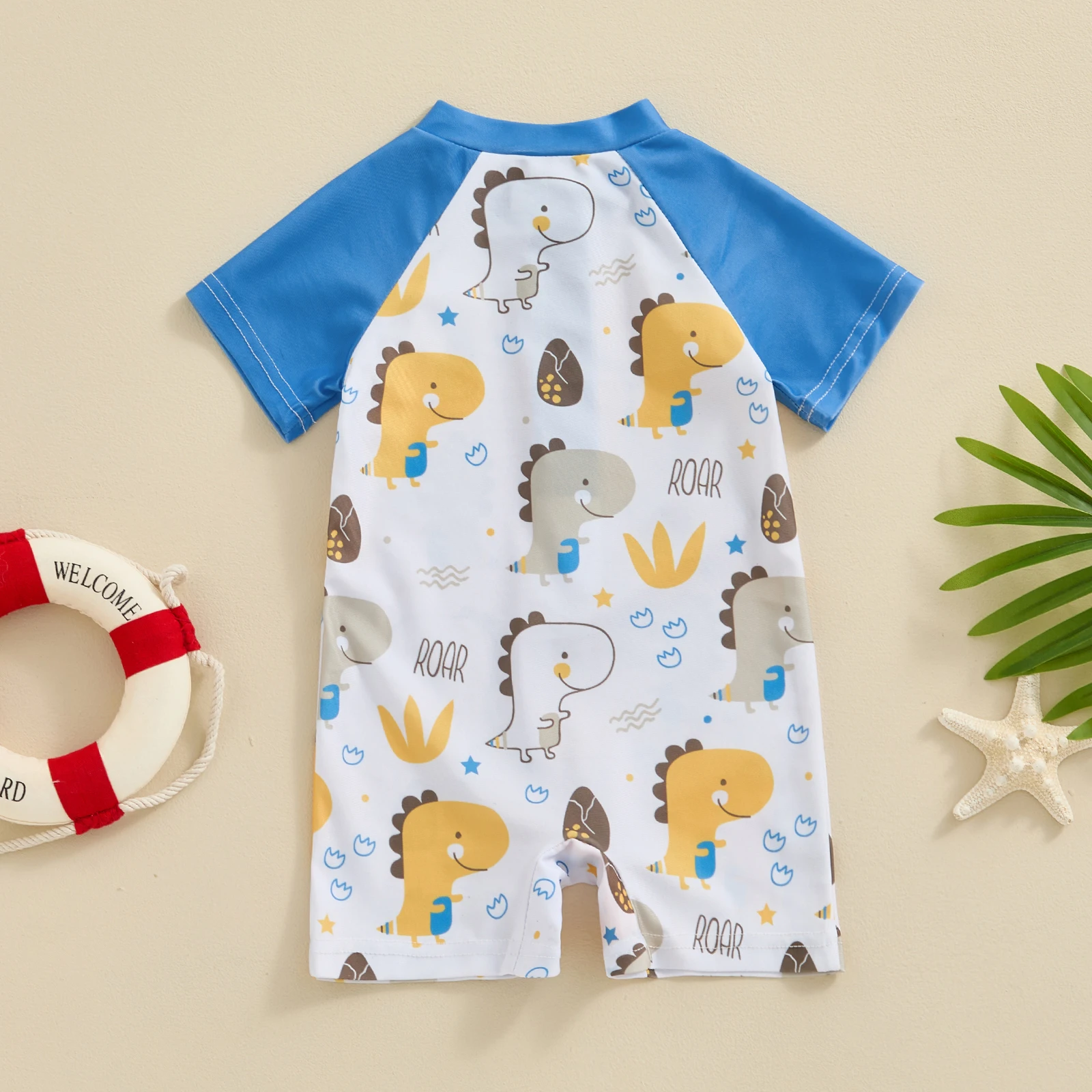 FOCUSNORM 0-3Y Infant Baby Boys Swimwear 2 Colors Cartoon Animal Print Short Sleeve Front Zipper Bathing Suits