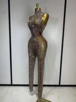 Luxury Rhinestones Jumpsuit Women Sexy Mesh See Through Performance Dance Costume Celebrate Club Birthday Party Stage Outfit - Image 2