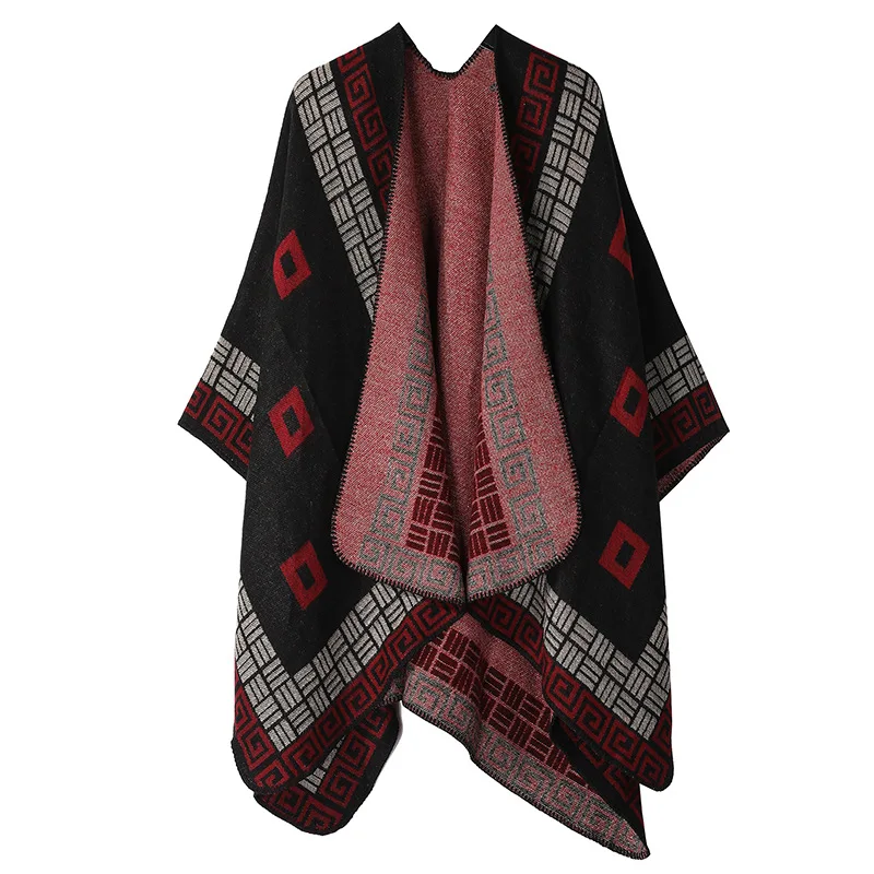 

Autumn Winter Women's Imitation Cashmere Warm Air Conditioning Shawl Sunscreen Cloak Tourism Cloak Ponchos Capes Black