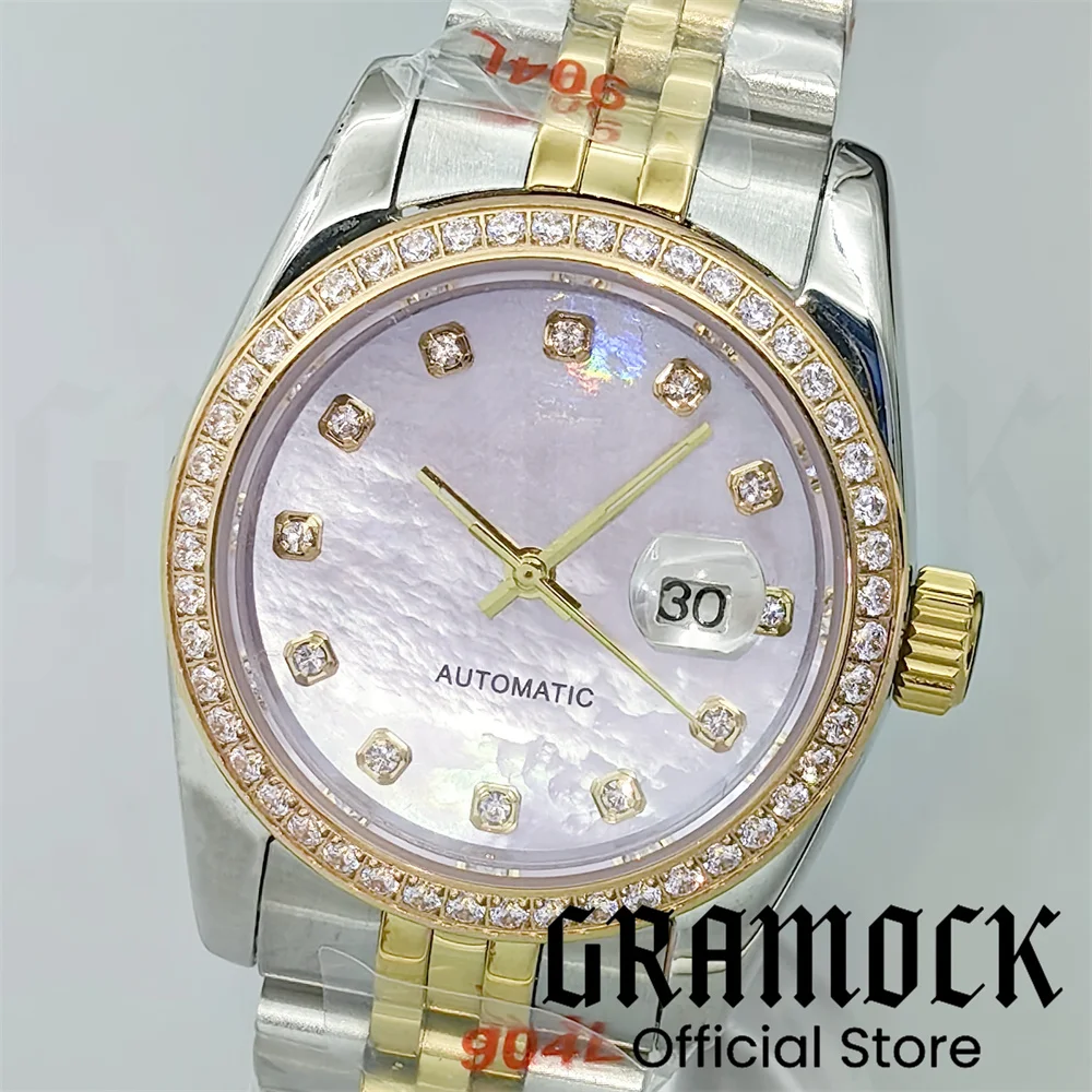 Gramock 31mm Luxury Decorated Diamond Lady Watch NH05 Two Tone Gold Case Sapphire Glass Sunburst PurpleGray Dial Roman Index