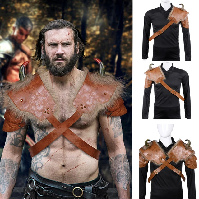 Artificial PU Medieval Warrior Women Armour Costume Cosplay LARP Adult PU  Leather Brown Fur Viking Shoulder