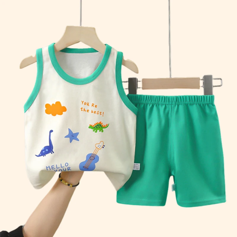 Cotton Kids Vest Set with Cartoon Print – Summer Baby Boy Girl Two-Piece Outfit Children Sets Kids Clothes 3