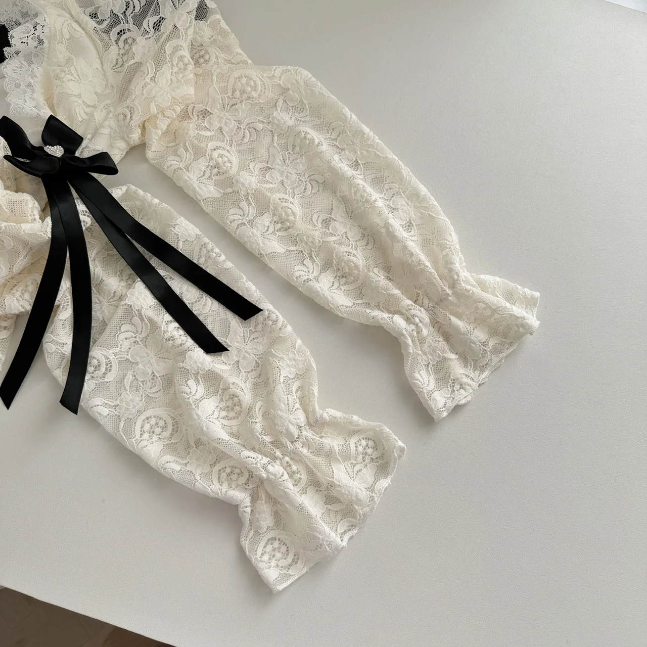 Elegant Lace Mini Dresses Women V-neck Long Sleeve Ruffles A-line Autumn New Sweet Korean Fashion Party Dress Female Vestidos