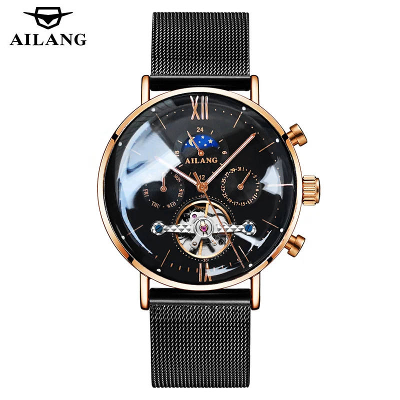 AILANG Uomo Automatico Meccanico Tourbillon di Lusso da Polso Uomo Cintura in Maglia di Acciaio Inossidabile es es_voghion.com