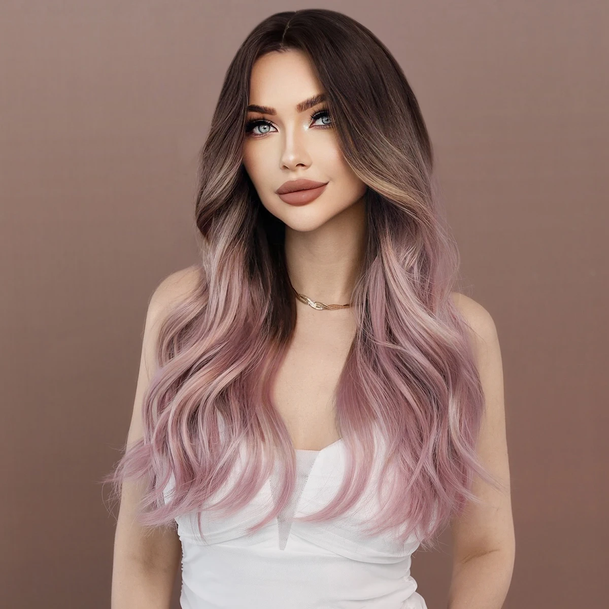 7JHH WIGS Middle Part Pink Ombre Brown Wig Long Water Wavy Hair Wigs for Women Party Use Layered Synthetic Wig High Density