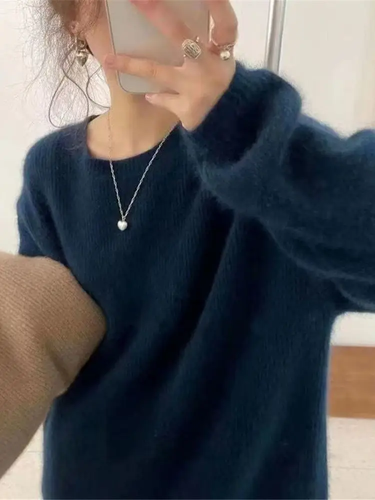 여성용 라운드 넥 캐시미어 스웨터, 두꺼운 회색 양모, 모헤어, 소프트 니트 스웨터, 긴팔 풀오버, 기본 상의, 2023 가을, 겨울