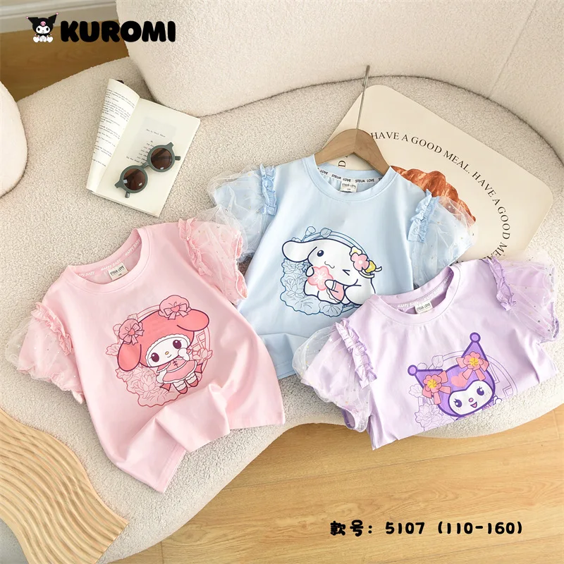 

Anime Sanrios My Melody Children T-Shirt Kawaii Kuromi Cinnamoroll Kids Cartoon Print Tops Summer Sweet Cute Girls Short Sleeve