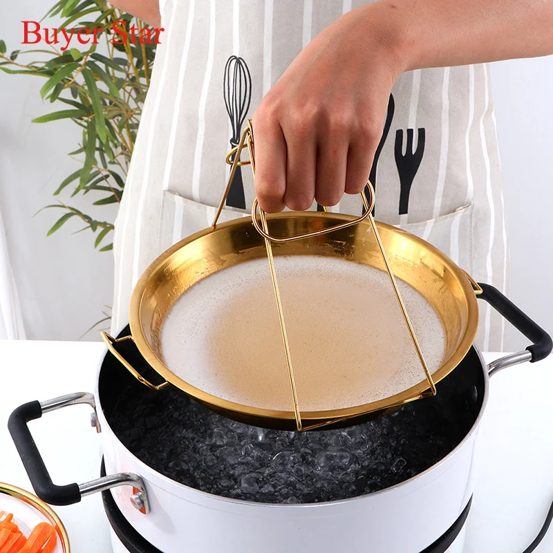 Round Stainless steel pan cakPizza Baking tray with handle Noodle food serving pot tableware cookware Gold Metal kitchen tools