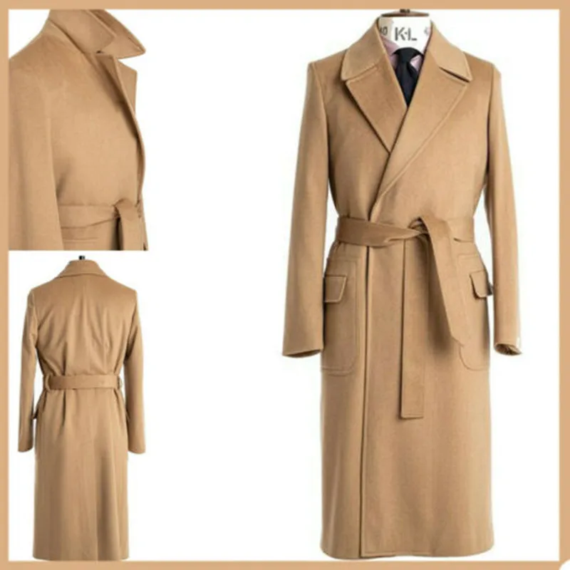 

Camel Cashmere Men Suit Smoking Long Overcoat With Belt Custom Made Wool Formal Business Thick Warm King Coat Jacket Outfit