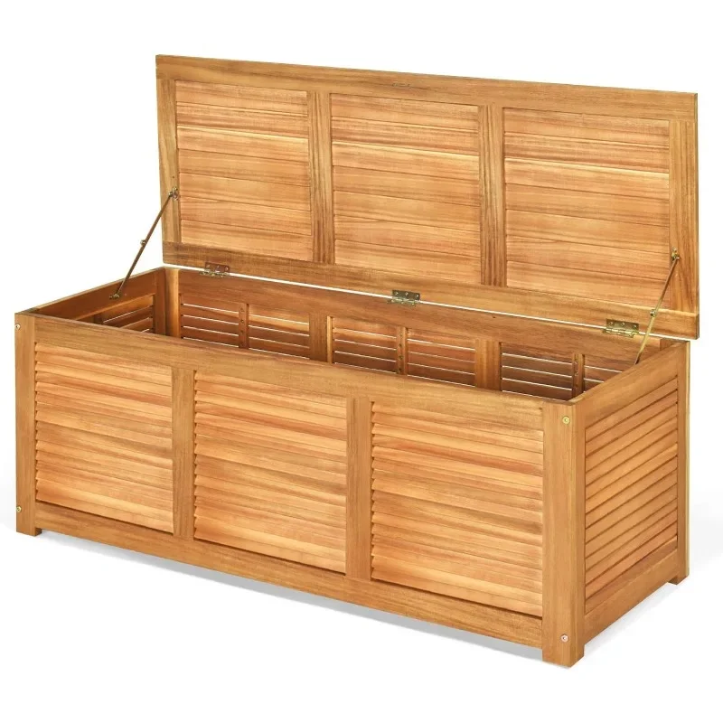 47 Gallon Acacia Wood Deck Box, Garden Backyard Storage Bench, Outdoor Storage Container for Patio Furniture Cushions