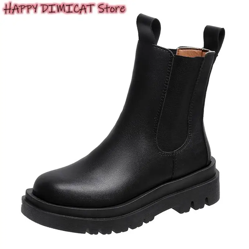 Women Winter Shoes PU Leather Chelsea Boots Chunky Boots Plush Ankle Boots Black Female Autumn Fashion Platform Booties