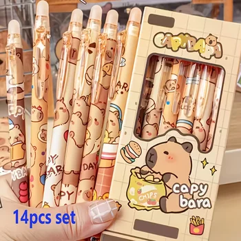14pcs Set Cute Capybara Erasable Gel Pens 0.5mm Retractable Blue Ink Suitable for School and Office Smooth Writing 1