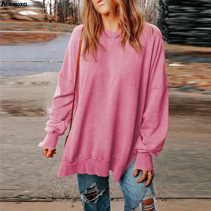 

Autumn new women's fashion casual solid color pullover round neck long sleeve top