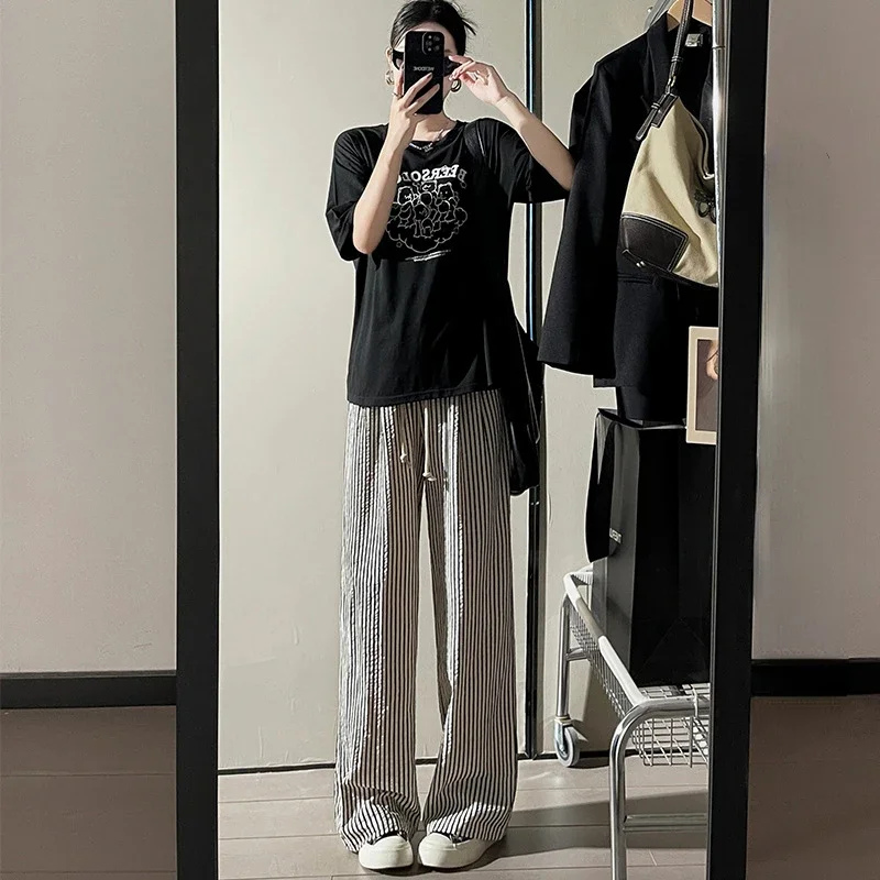 Stripe Fashion Casual Pants Women's Lace-up Elastic Waist Straight Sports Pants High Waist Wide Leg Pants