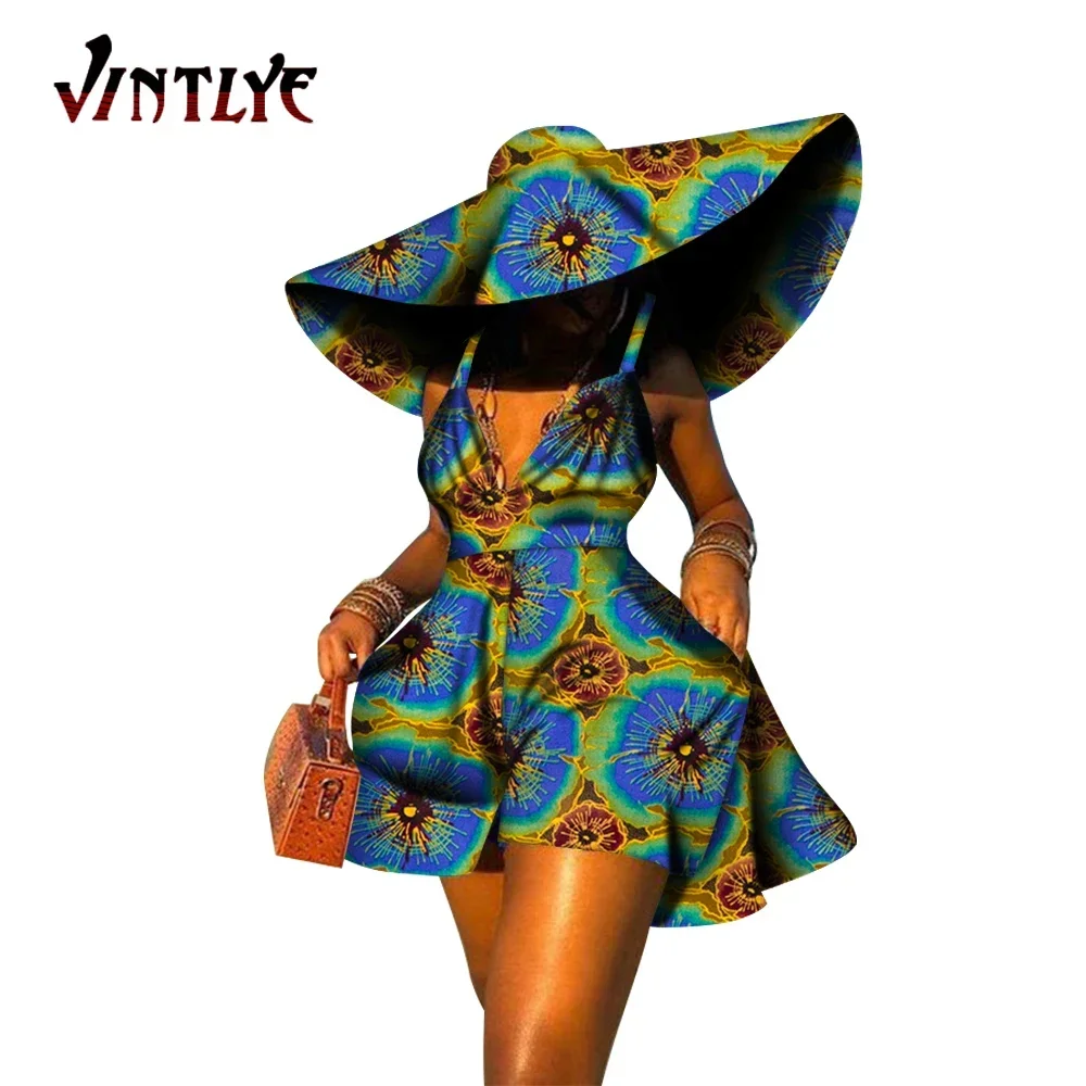 

Women Summer Dress African Print Jumpsuit Sexy Sleeveless V-neck Short Pant with Hat Fashion African Clothes Lady Attire WY8844