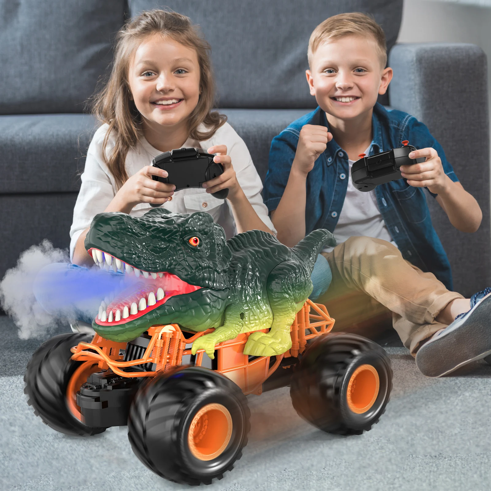 Remote Control Dinosaur Car, 2.4Ghz RC Truck for Toddlers, Electric Hobby RC Car Toys with Light & Sound Spray Birthday Gift for 3