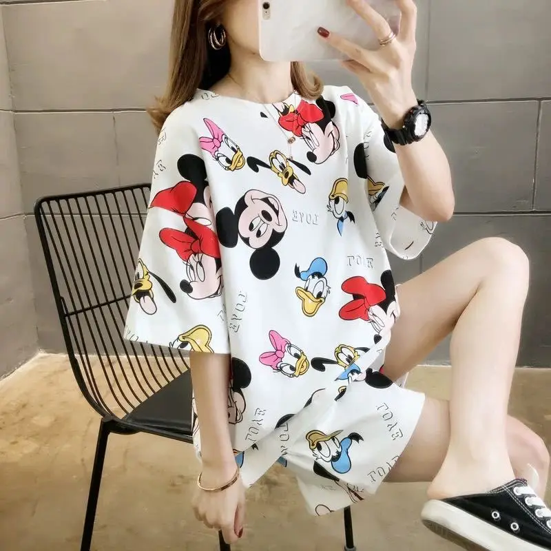 Pajamas Women's Summer Mickey Minnie Cartoon Loose Pajamas Suit Student Short-sleeved Shorts Korean Version Home Clothes Suit 3