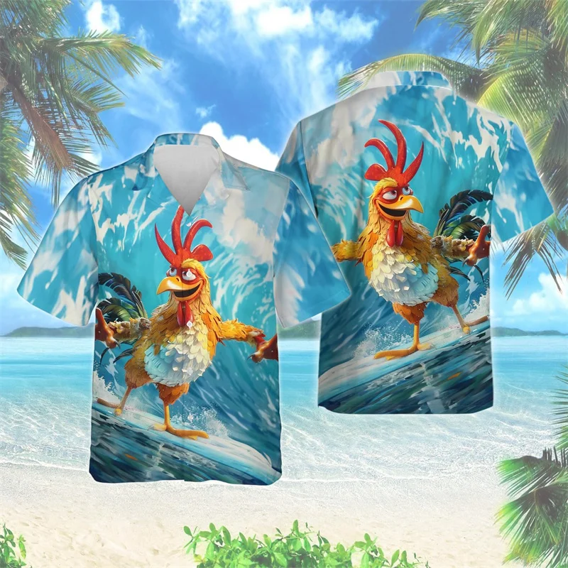 thumbnail image 1 of Camisa hawaiana con estampado 3D de gallo de dibujos animados para hombre, divertidas camisas Aloha con estampado de animales, blusas de calle unisex, blusas con solapa, mangas cortas, 1 of 4
