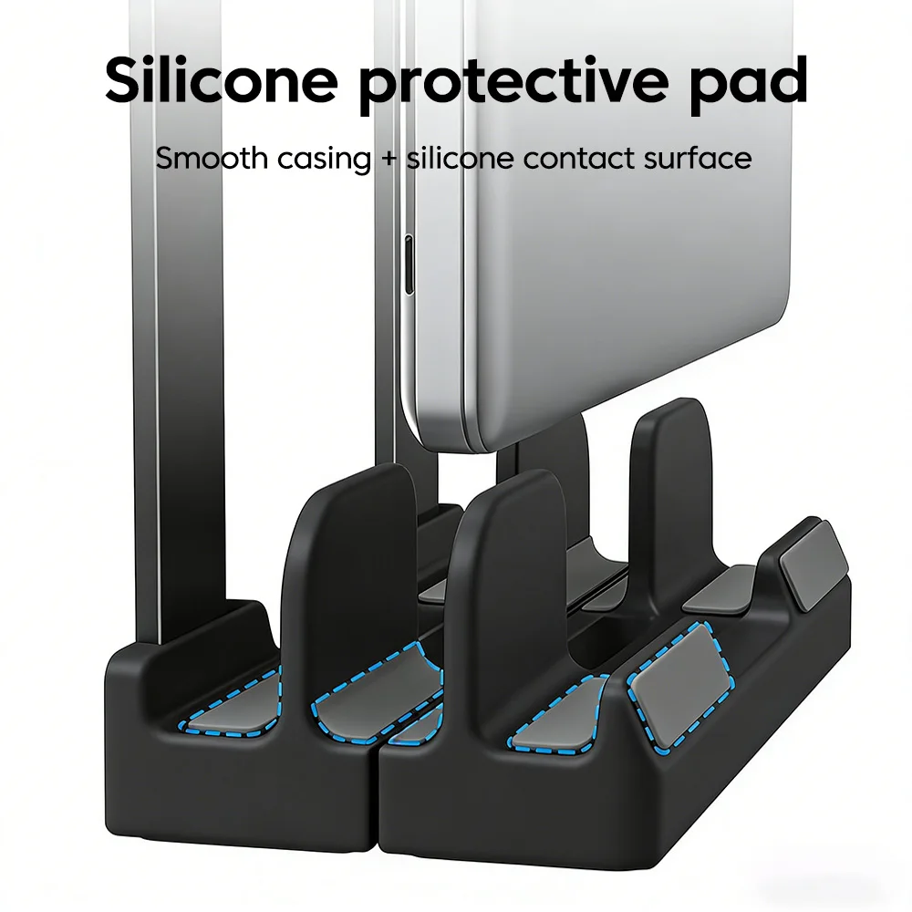 노트북 수직 이중 용도 보관 스탠드 노트북 태블릿 스마트폰용 실리콘 보호 패드 홀더가 있는 조절 가능한 노트북 스탠드