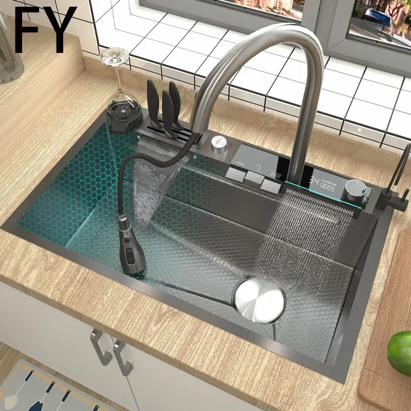 Double Waterfall Sink Stainless Steel Kitchen Sink Embossed Large Single Slot Ambient Light Digital Display Wash Basin 4