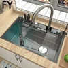 Double Waterfall Sink Stainless Steel Kitchen Sink Embossed Large Single Slot Ambient Light Digital Display Wash Basin 4