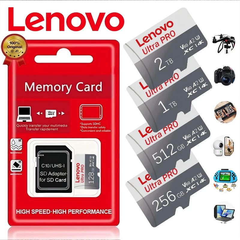 Lenovo Micro SD TF Memory Card (128GB/256GB/1TB/2TB) — High Speed Class 10 Flash Storage for Xiaomi, Phones & Cameras