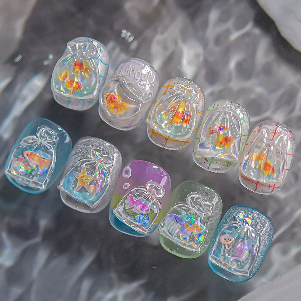 Bagful Brocaded Carp Goldfish Jellyfish Water Bubbles Seahorse Ocean Starfish Whale Adhesive Nail Art Stickers Manicure Decals