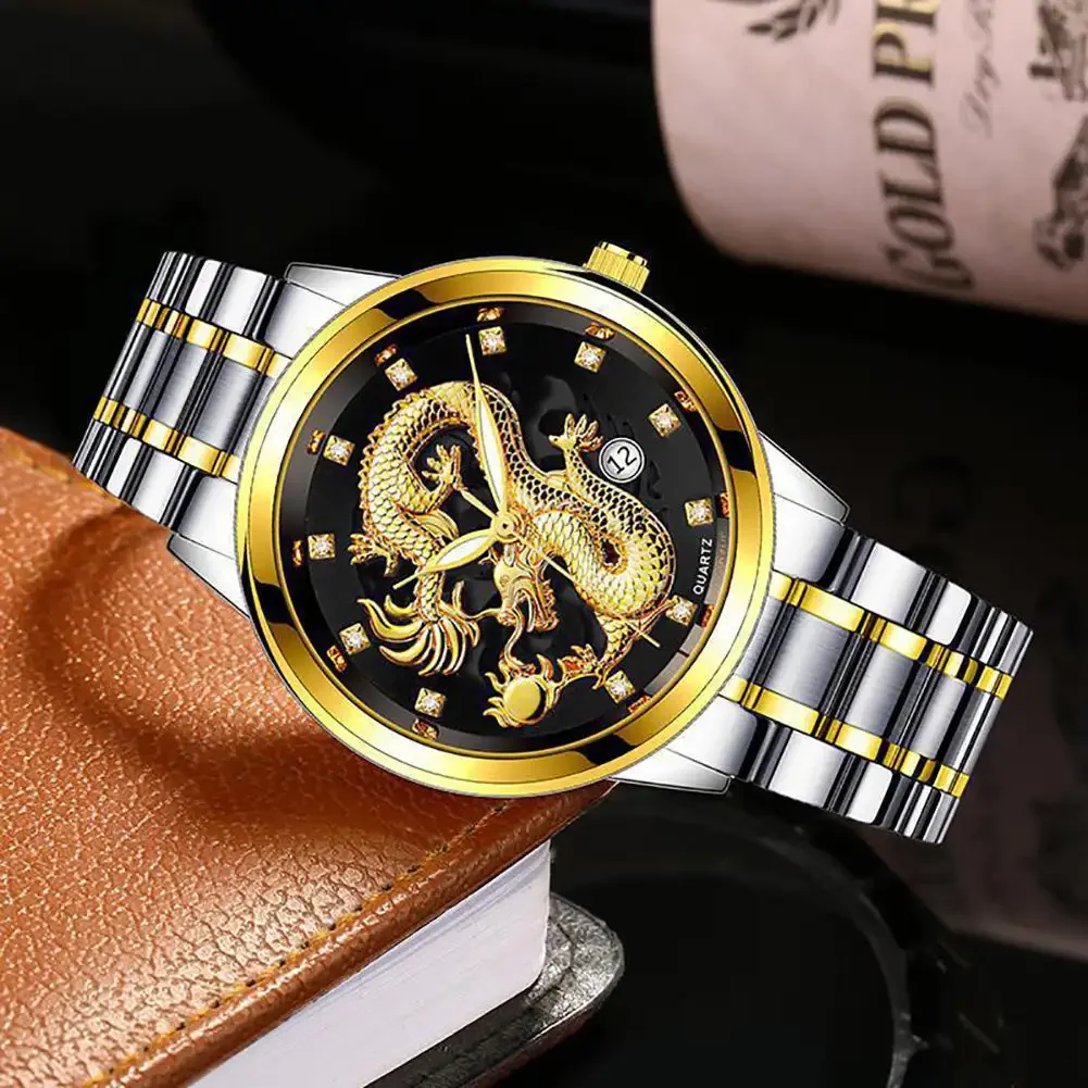 Luxury Delicate Trendy Men Fashion 3D Gold Dragon Calendar Watch Set Men Quartz Stainless Steel Watches 4