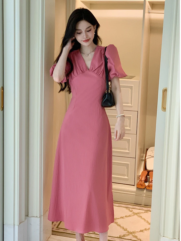 

New Fashion Summer Long One Piece A-Line Dress Women Ladies Clothes Sweet V-Neck Puff Sleeve Slim Maxi Robe Femme Mujer Vestidos