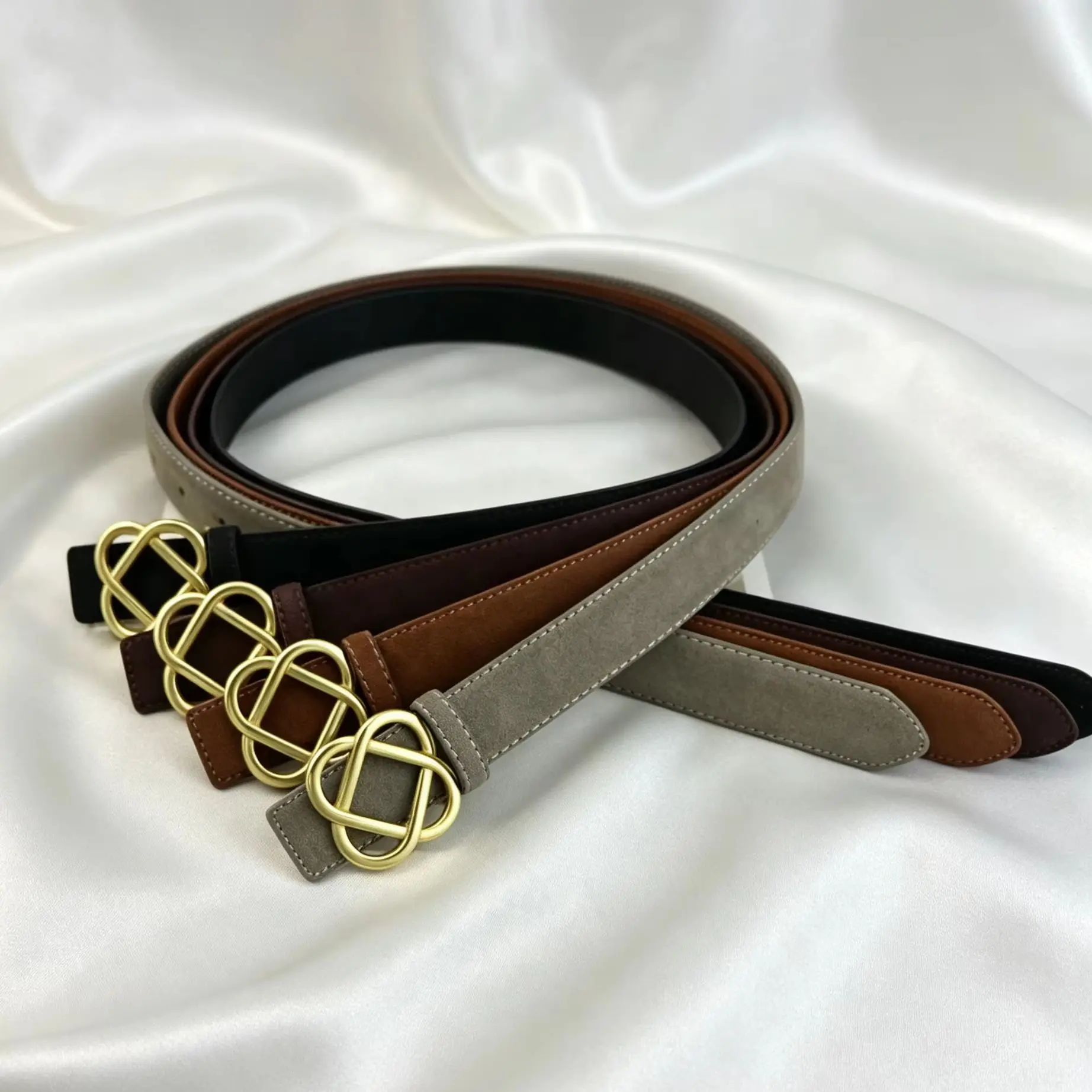 Vintage Style Suede Cowhide Belt with Retro Golden Buckle, 2.8cm Wide