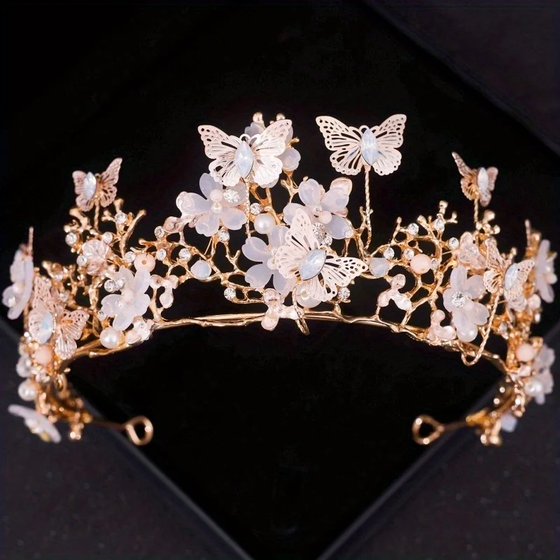 Bridal Crown Baroque Pearl Rhinestone Crown Tiara Butterfly Hairband Wedding Hair Accessories Princess Bride Tiaras bridal headwear,hair band crown
