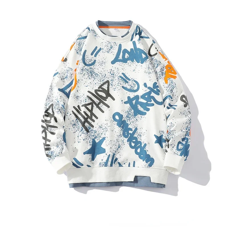 Harajuku Men's Sweatshirt Retro Letter Printing Fashion Loose Round Neck Long Sleeve Pullover 2021 New Korean Casual Top
